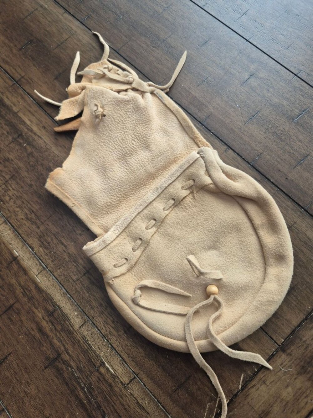 Handcrafted Tan Suede Pouch With Rustic Wooden Button & Fringe - Picture 4 of 4